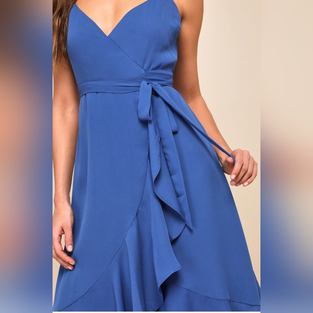 Lulu's Cornflower Blue Ruffle Wrap Midi Dress - Picture 2 of 9